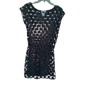 Sand‎ & Spirit Black Lace Polka Dot Swim Cover Up Dress XL Sleeveless Drawstring